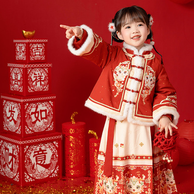 汉服女童冬装小女孩中国风加厚连衣裙宝宝古风龙年过年拜年服唐装