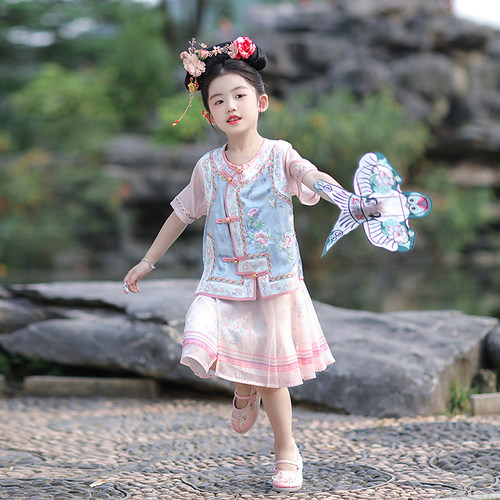 汉服女童夏装小女孩中国风重工刺绣格格服儿童全绣马甲旗袍套装裙