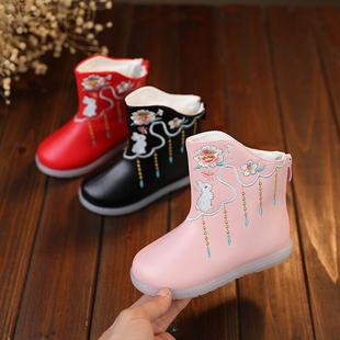 儿童汉服冬季绣花鞋女童靴子红色中国风加绒靴宝宝传统布鞋雪地靴
