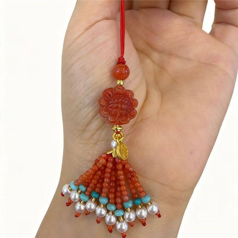 天然南红流苏手机挂手工珠串穗子压襟发簪配饰俏色双面太阳花吊坠