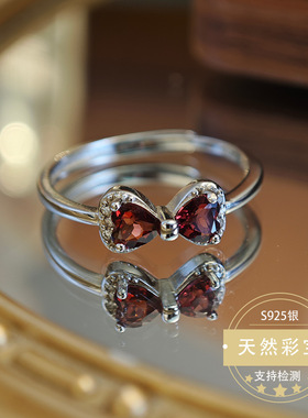 天然石榴石蝴蝶结戒指晶体通透干净红艳s925银镶嵌活口设计支持国