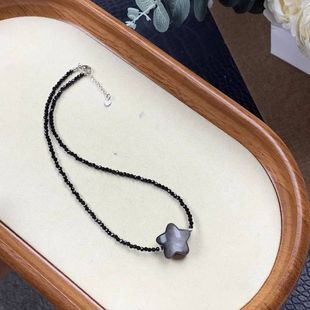 天然银耀石五角星黑尖晶锁骨链批发 光感闪银黑耀石星星项链代发