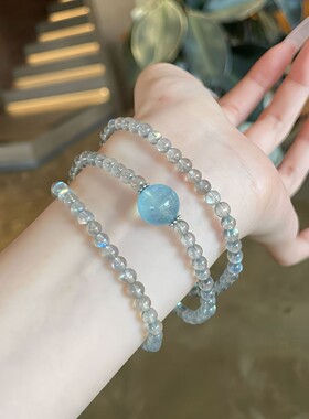 天然灰月光石手串三圈叠戴小众设计款海蓝宝水晶手链百搭蓝色系女
