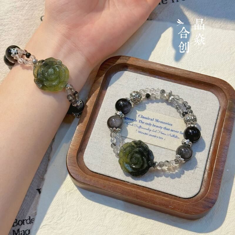 天然水晶水墨岫玉山茶花新中式雕刻件手工银曜石黑发晶串珠水晶手