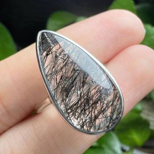 天然黑发晶水滴款戒指，s925银镶嵌