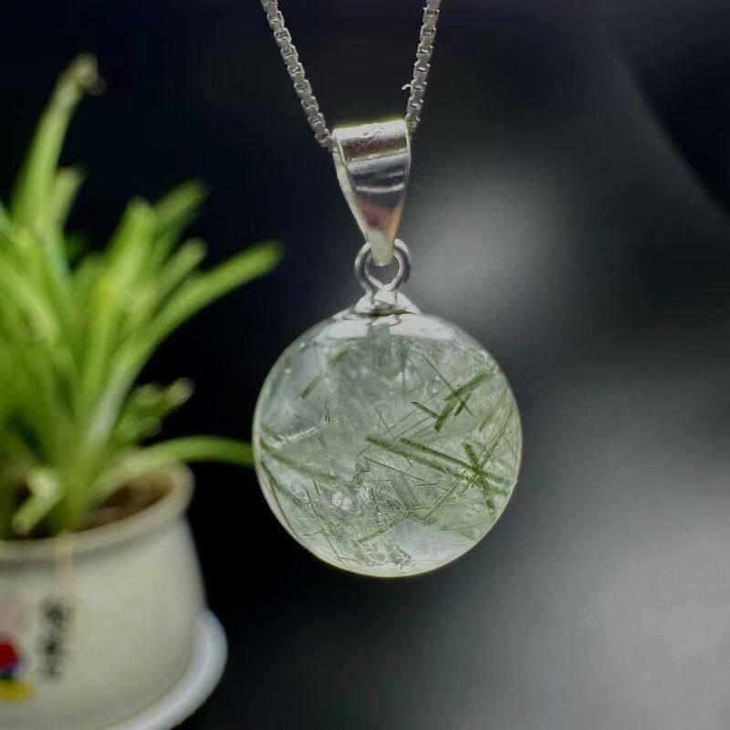 天然绿发晶圆珠圆珠吊坠，s925银镶嵌，圆珠规格：13mm左右