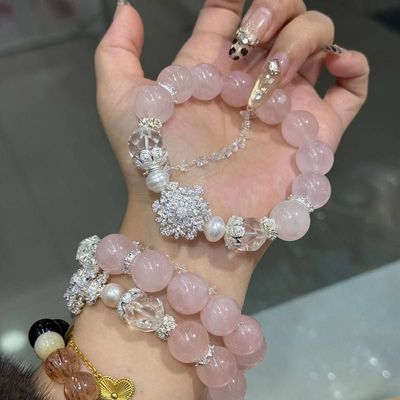 天然粉水晶单圈手链女大颗粒单珠