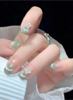 美甲ins高级显白假指甲片清新浅绿色渐变晶石猫眼手工美甲可拆卸