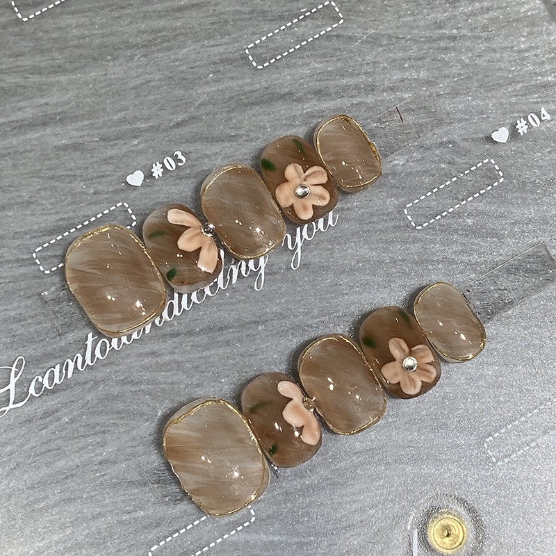 手工穿戴甲落日冰透晕染手绘花朵短方圆温柔显白气质