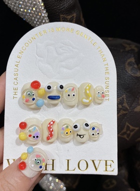 手工穿戴甲橡皮泥小眼睛搞怪个性短方圆学生可爱卡通可拆卸美甲