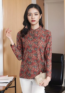 中老年大码女装春秋薄长袖立领小碎花打底衫内搭外穿两用T恤1825
