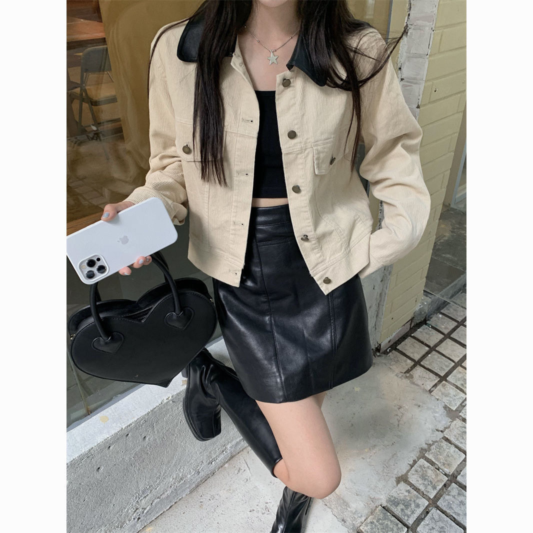 韩版复古短款工装牛仔外套女2025春秋季新款显瘦PU皮翻领夹克