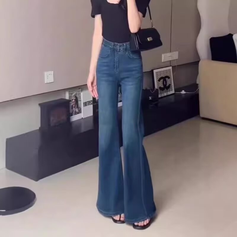 复古蓝微喇叭阔腿牛仔裤女2025秋季新款高腰宽松显瘦直筒拖地