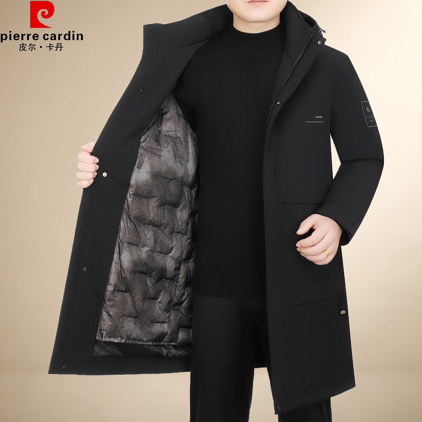 皮尔卡丹男士长款加厚羽绒服外套