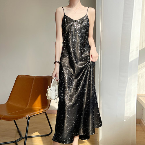 醋酸缎面吊带连衣裙女亮片长裙星空闪闪吊带裙收腰2025春夏新款