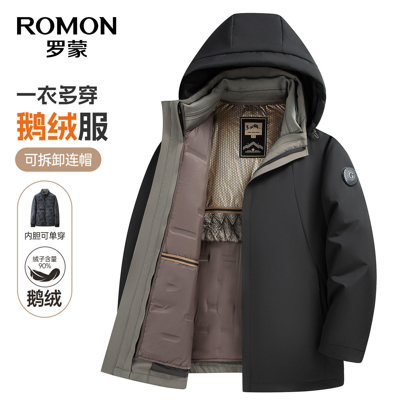 罗蒙男士鹅绒可脱卸内胆羽绒服
