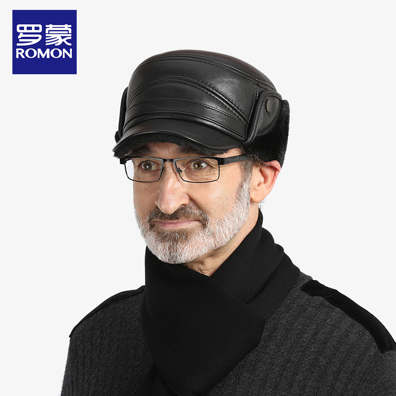 罗蒙真皮帽子男冬季保暖中老年鸭舌帽牛皮防寒爸爸帽爷爷平顶帽ND