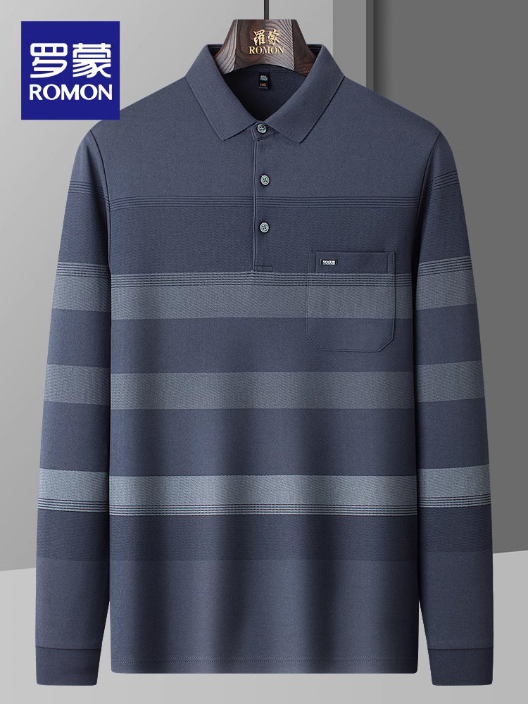 ROMON MENS LONG SLEEVE POLO SHIRT 2024 FALL NEW VERSATILE STRIPED T-SHIRT MIDDLE-AGED AND ELDERLY DAD OUTFIT BASE SHIRT