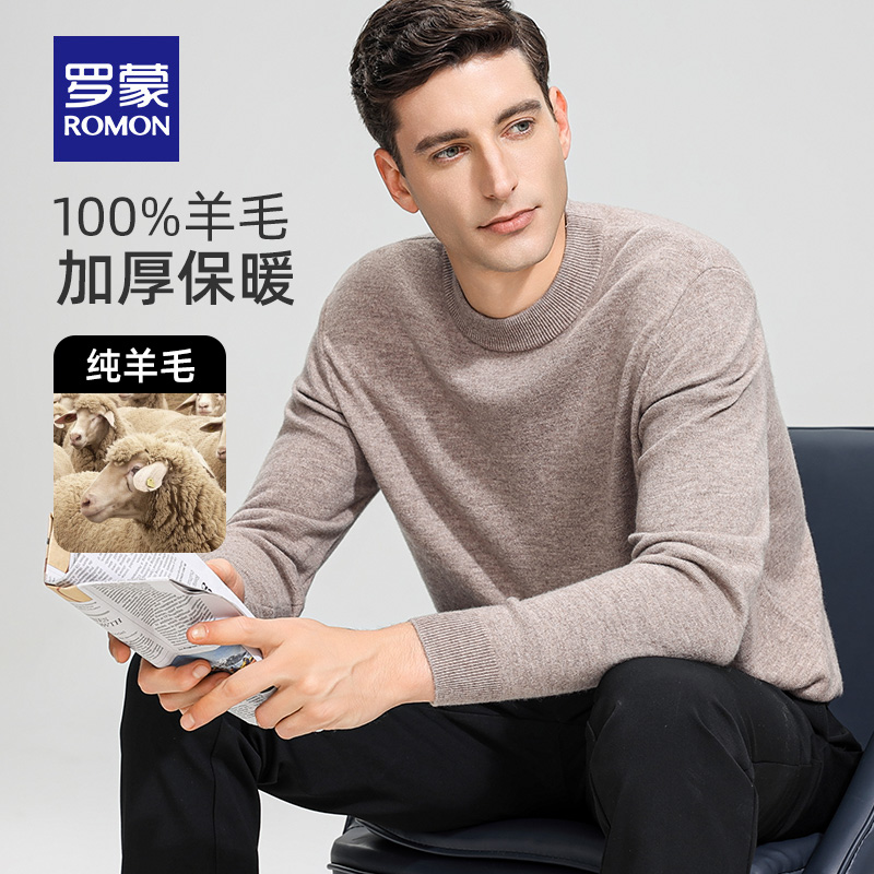 【100%纯羊毛】罗蒙男士简约圆领针织衫2025冬季新款休闲羊毛衫男