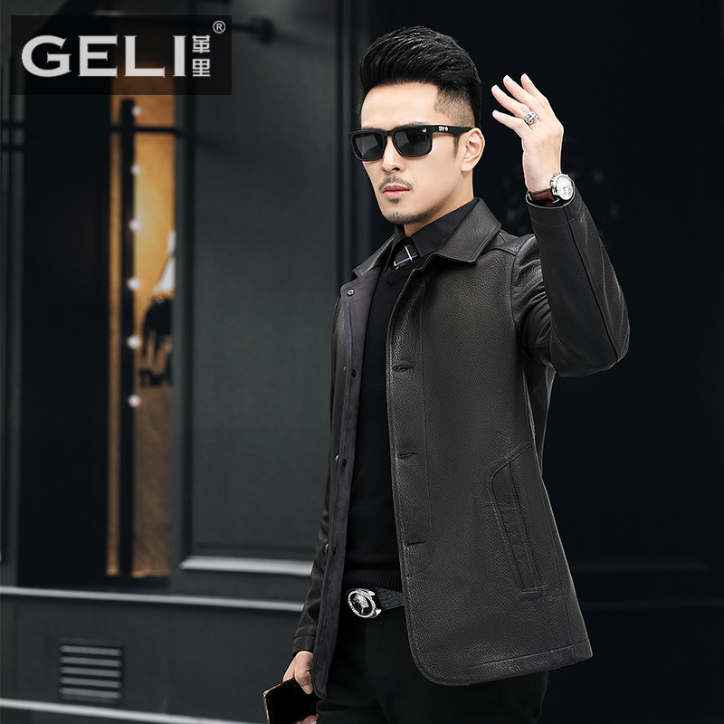 高端头层鹿皮皮衣男真皮夹克中长款西装领商务行政休闲羽绒服外套