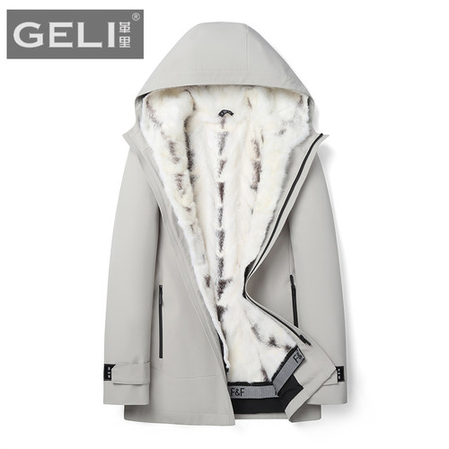 2025新款派克服男十字貂内胆皮毛一体中长款连帽貂皮大衣皮草外套