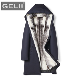 冬季 连帽整貂水貂内胆皮毛一体外套厚 高端纯羊毛面料派克服男长款