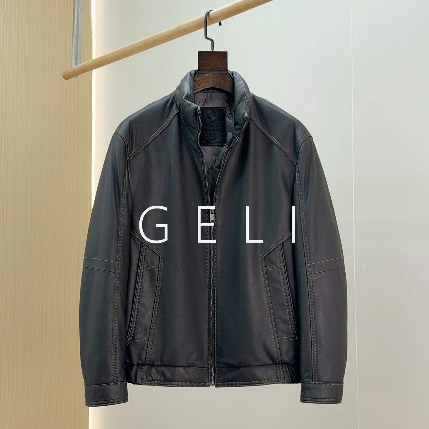 GELI轻奢高档头层牛皮白鸭绒羽绒服夹克男士真皮皮衣立领冬季外套