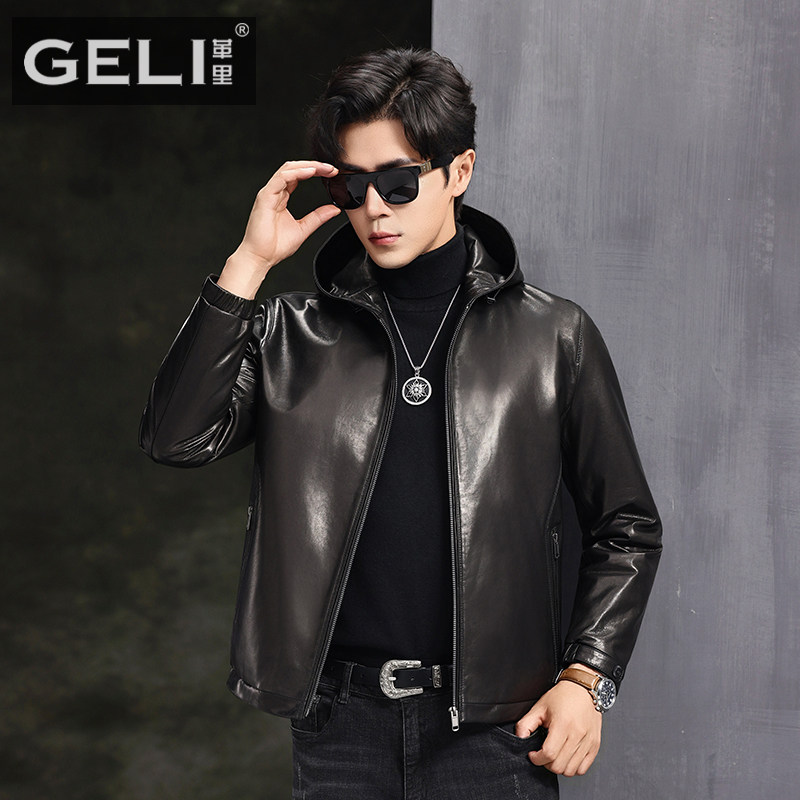 海宁冬季新款真皮皮衣男头层山羊皮夹克短款连帽鹅绒羽绒服外套潮