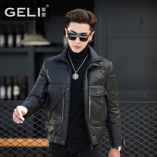 新款真皮皮衣男头层绵羊皮夹克羽绒服短款翻领时尚机车冬季外套潮