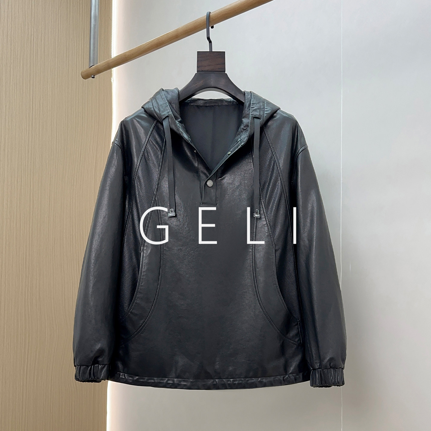 GELI男士绵羊皮卫衣连帽皮衣秋冬