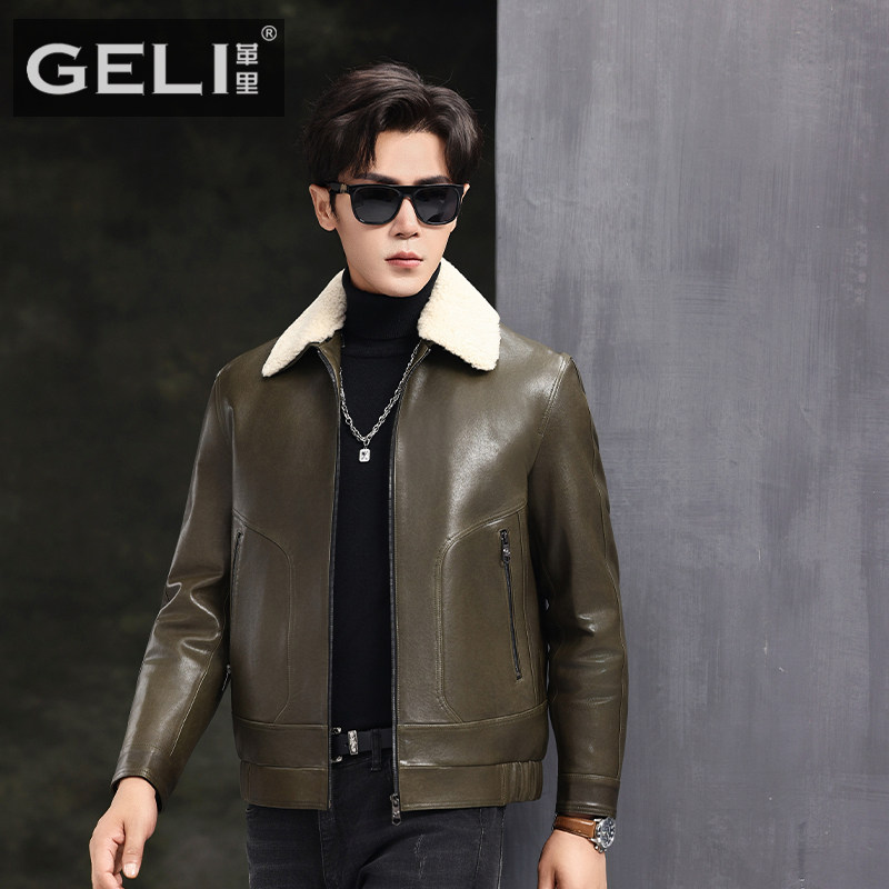 秋冬新款男士真皮皮衣头层山羊皮墨绿色短款羊羔毛领羽绒服外套潮