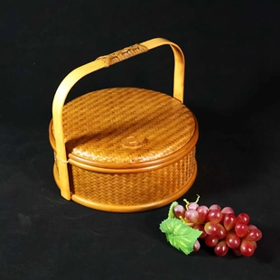 大漆竹编新年提篮圆形食盒茶点盘茶具年货点心篮子筐子收纳筐盒子