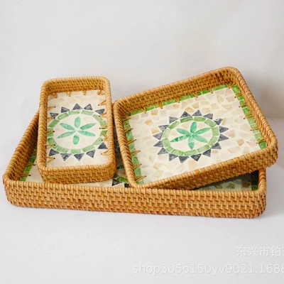 贝壳多功能托盘藤编点心收纳茶盘