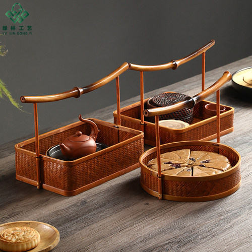 竹编中式点心提篮茶具干果收纳篮