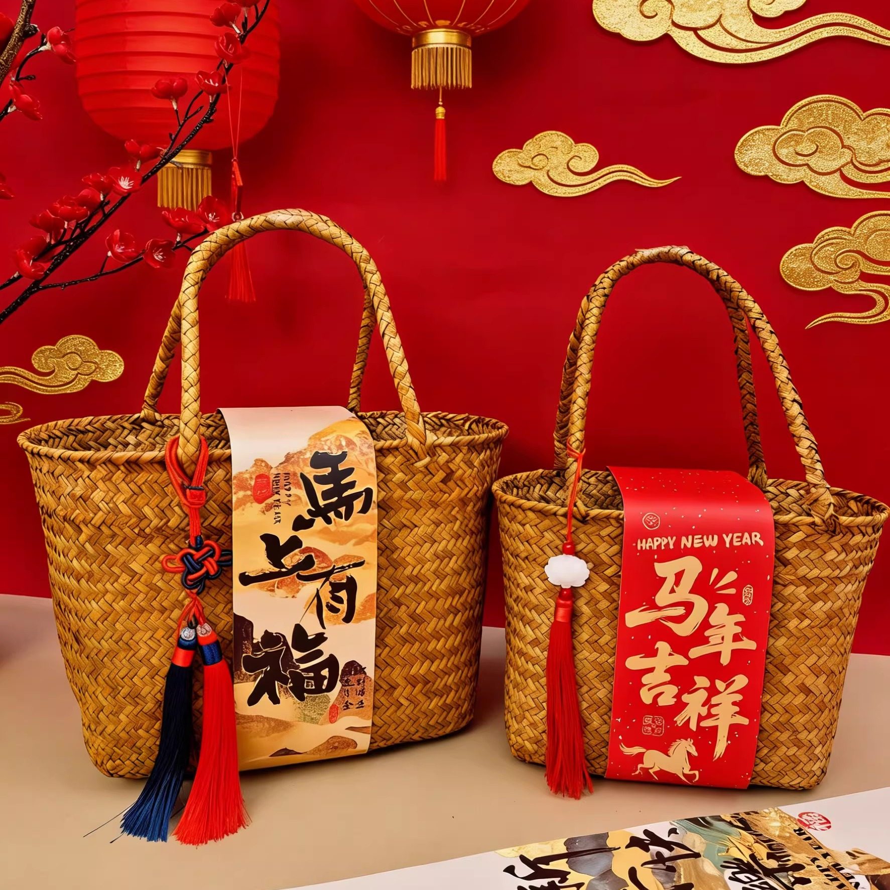 节庆草编手提编织篮年货特产收纳礼篮店庆送礼大小号包装篮子