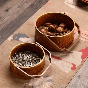 竹编小提篮创意家用桌面水果花篮户外手提采摘篮零食篮迷你点心篮