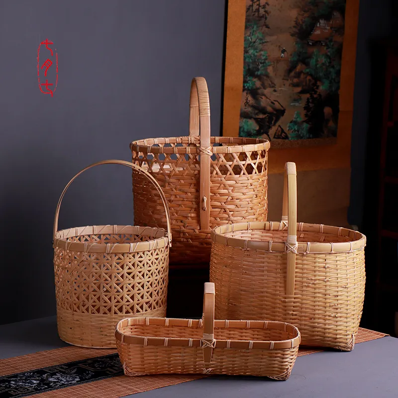 纯手工非遗手提篮子北欧编织水果篮子竹制品收纳篮竹编菜篮子花篮