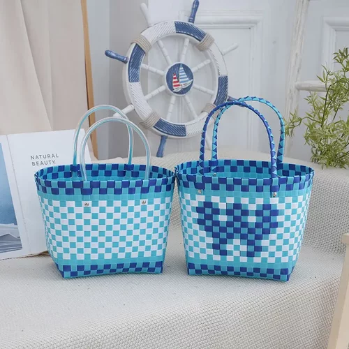 蓝色清新塑编手提包时尚多巴胺格子小方包野餐编织篮宝宝伴手礼袋