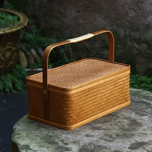竹制品手工竹编手提盒复古提篮食盒收纳盒礼盒茶具收纳仿古糕点盒