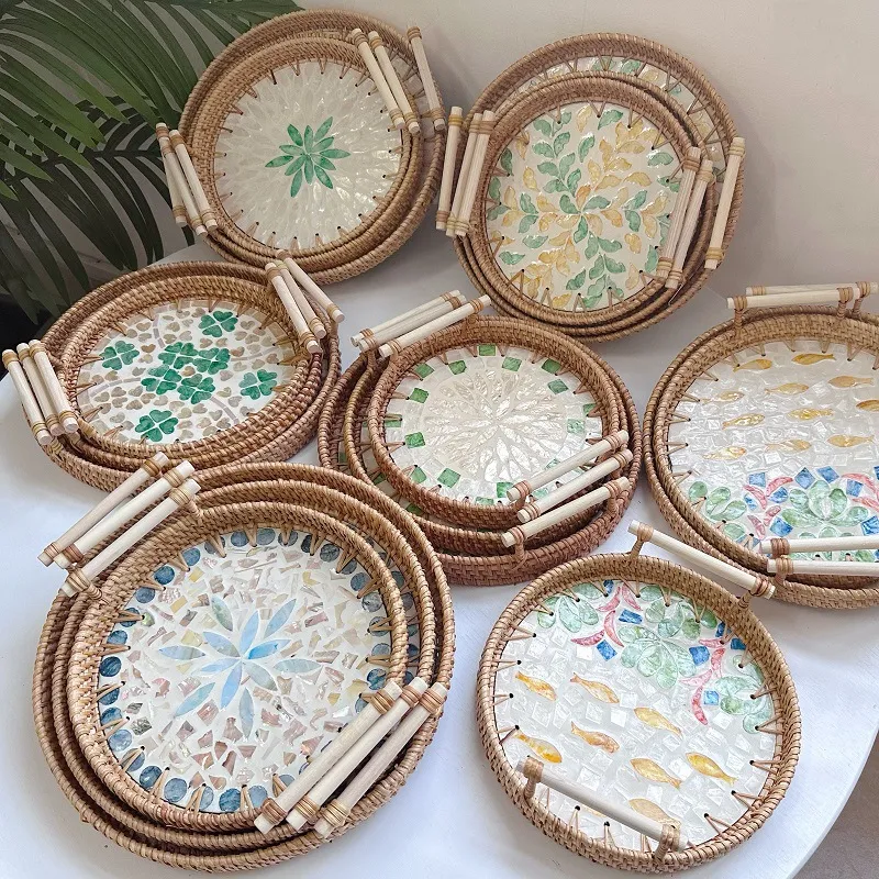 贝壳藤编双耳藤编贝壳水果圆形茶几托盘编织早餐篮面包筐点心篮子