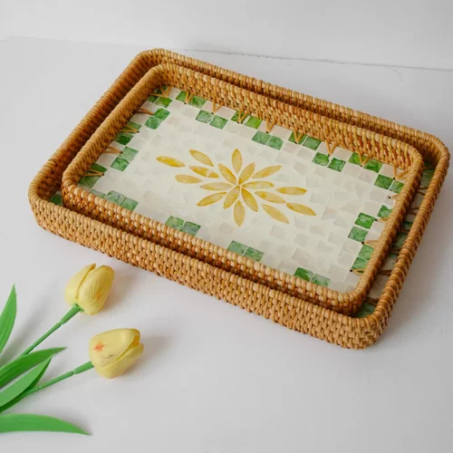 藤编筐家用点心篮糖果贝壳彩色餐厅高级托盘藤编水果盘收纳盘果篮