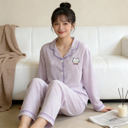 简约可爱小猫刺绣新款云朵棉睡衣女春秋季薄款长袖家居服外穿套装