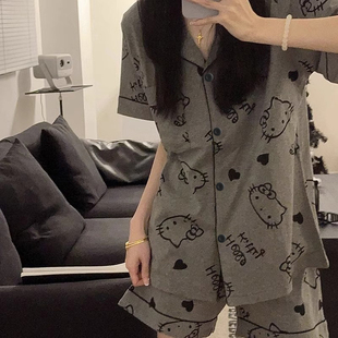 三件套甜美风时尚 高级灰ins凯蒂猫睡衣女短袖 感网红家居服可外穿