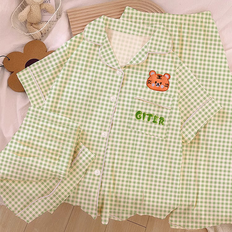 绿格子小老虎睡衣女夏季云朵棉日系短袖短裤薄款三件套家居服外穿
