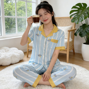 蓝白条纹小飞象睡衣女夏季短袖长裤黄撞色翻领开衫宽松家居服套装