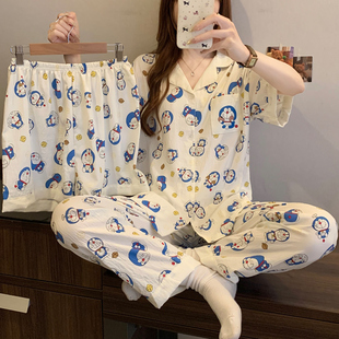 韩版ins夏季新款哆啦A梦云朵棉睡衣女短袖长裤三件套家居服可外穿