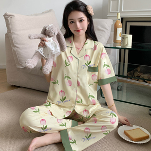 新款 长裤 甜美碎花夏季 ins中年睡衣女短袖 外穿 开衫 简约家居服套装