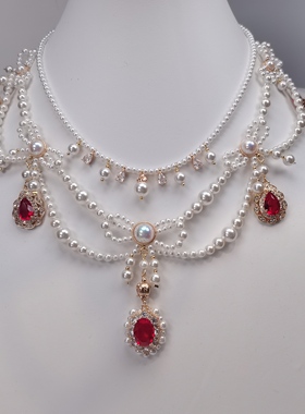 一梦星河/原创汉服配饰lo手作项链红色复古礼服珍珠项链闺蜜礼物