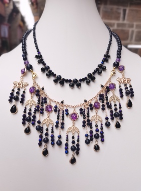 一梦星河/原创设计汉服配饰紫色黑色流苏锁骨项链神秘感暗黑系