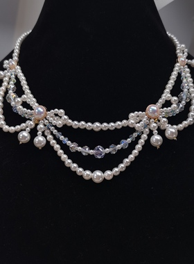 一梦星河原创设计lo手作项链欧式复古仿珍珠蝴蝶结礼服饰品项链